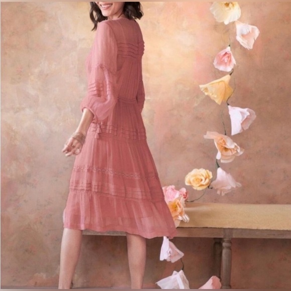 Sundance Catalog 3/4 Sleeve Rosalie Tucked & Tiered in 100% Silk Crepe Coral ZB4 - Picture 5 of 9